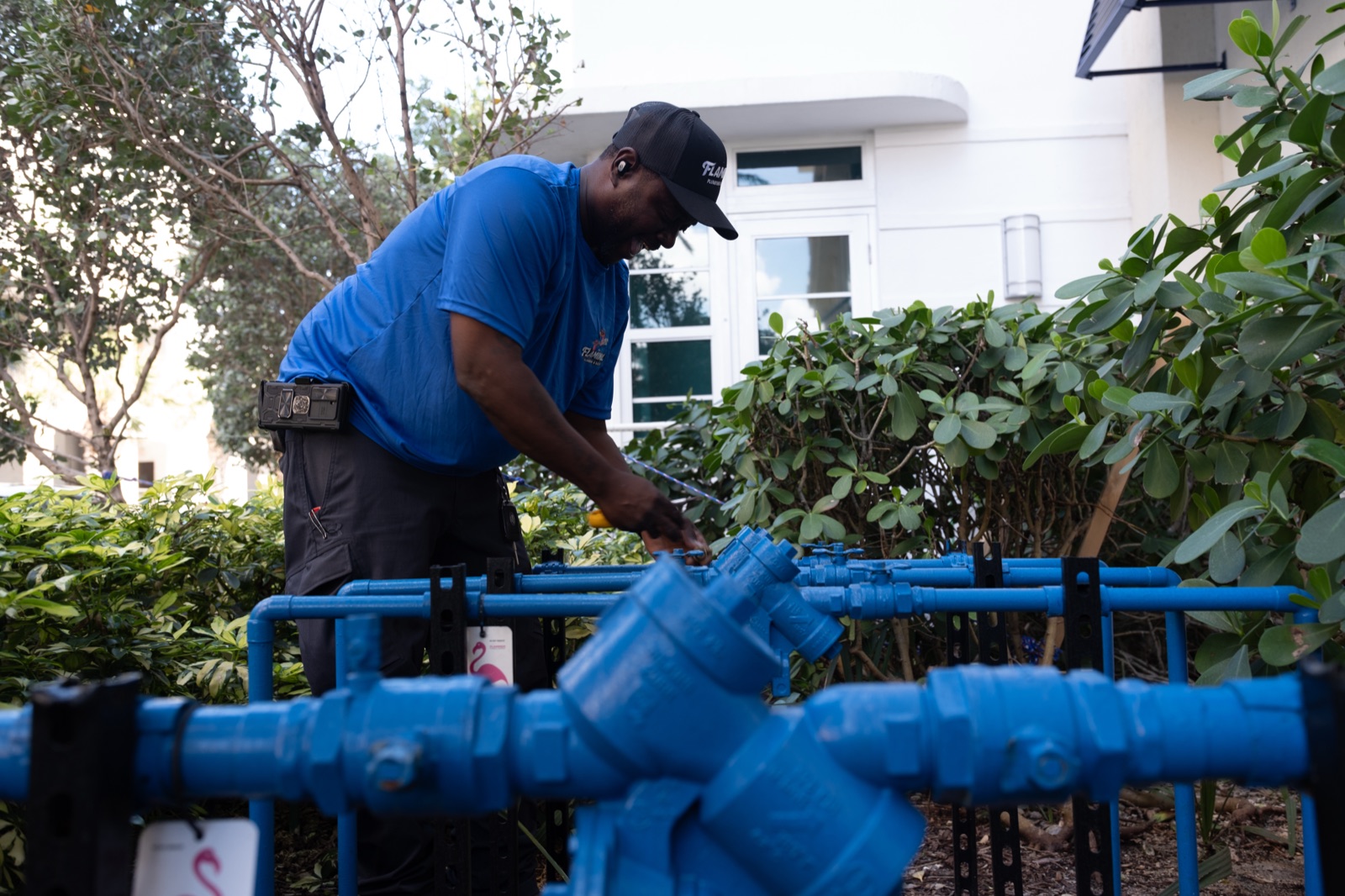 A close inspection of an outdoor backflow prevention assembly