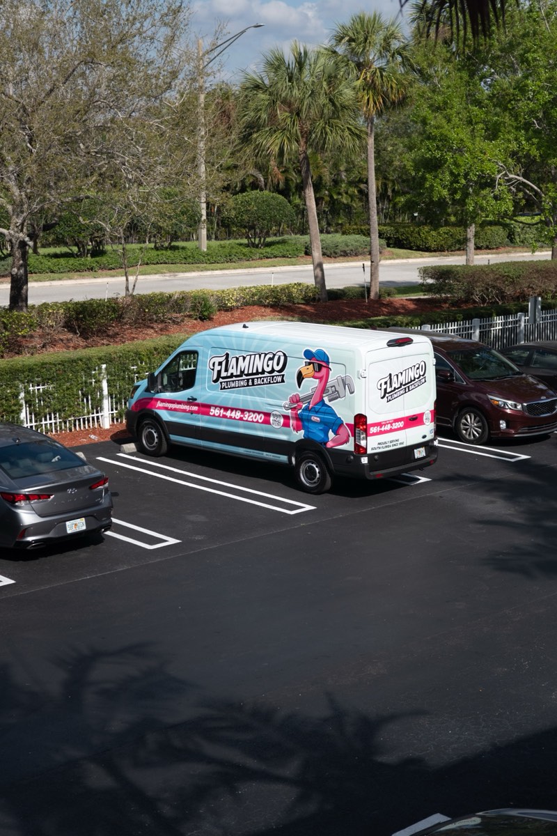 A Flamingo Plumbing service truck ready for the next job