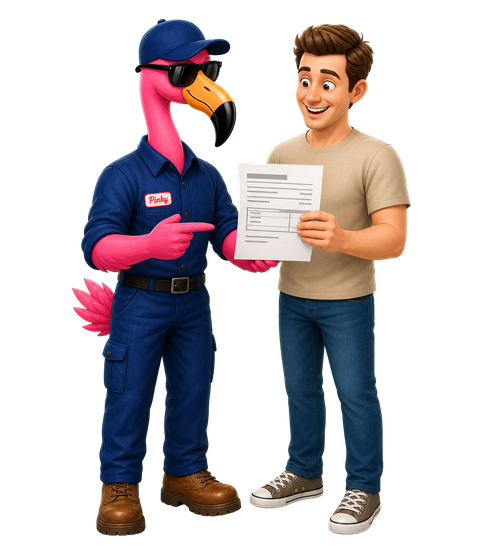Pinky handing a member their discounted repair invoice