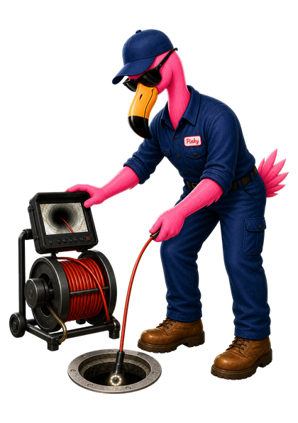 Pinky kneeling by a drain camera reel with a Free Drain Camera Inspection sign