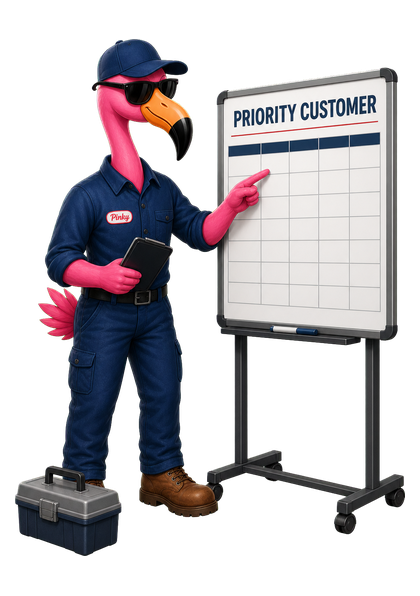 Pinky pointing to a priority customer schedule board