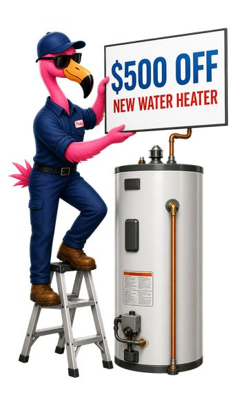 Pinky holding a $500 off new water heater sign