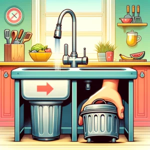 illustration of a garbage disposal with funny huge hand and giant garbage can