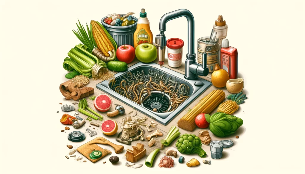 illustration showing illustration- kitchen scene showing various items that should not be disposed of in a garbage disposal. Fibrous foods like celery, corn husks, and asparagus