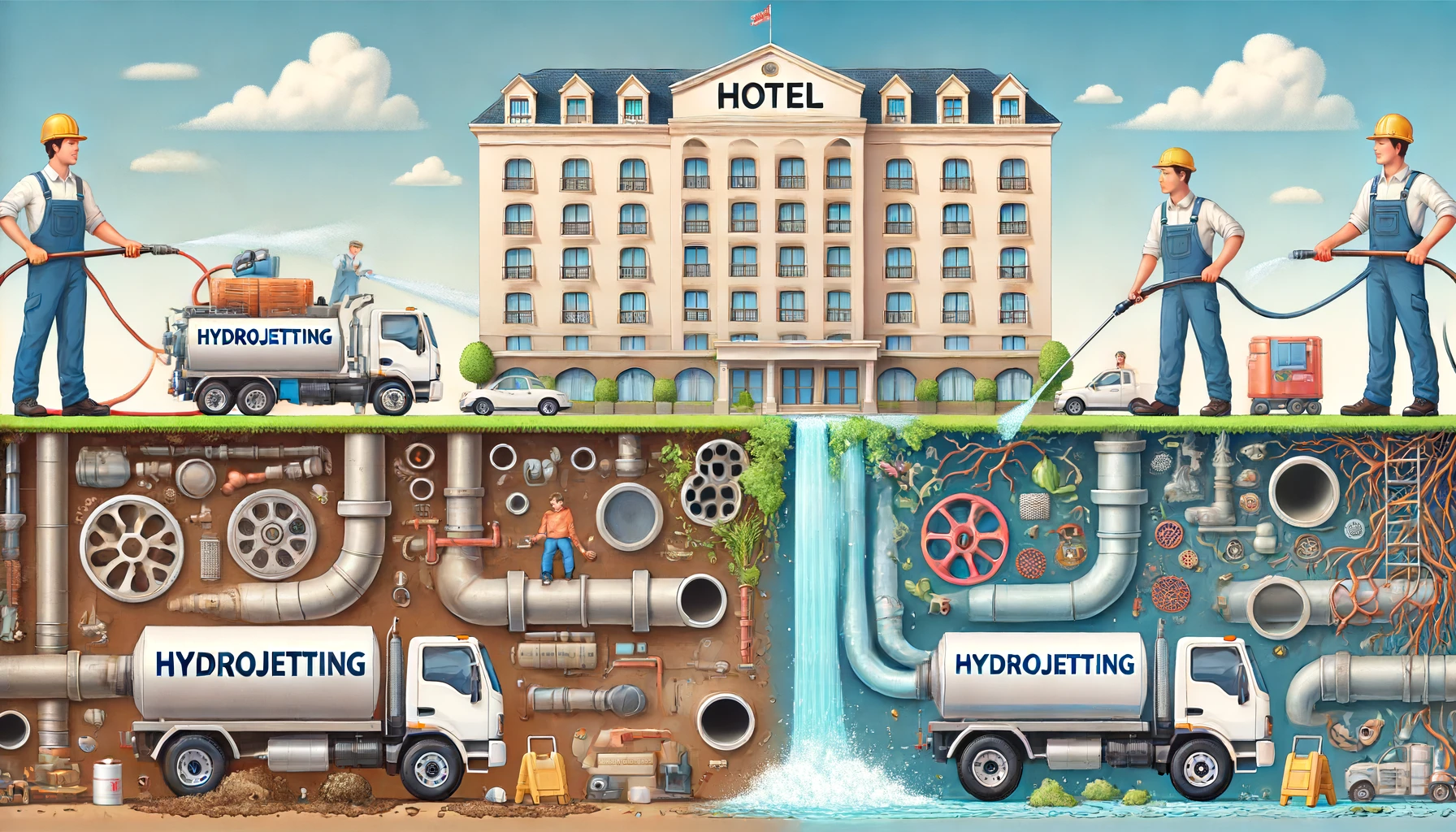 Hotel hydro jetting illustration